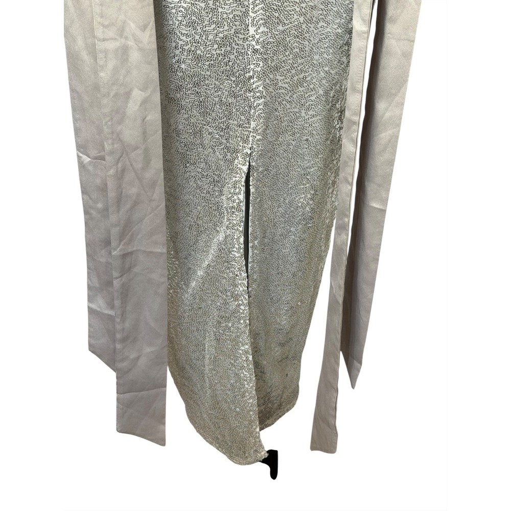 Angel Biba Sequin Maxi Dress Women Small Silver Satin Tie Gown NWT Party - Picture 7 of 13